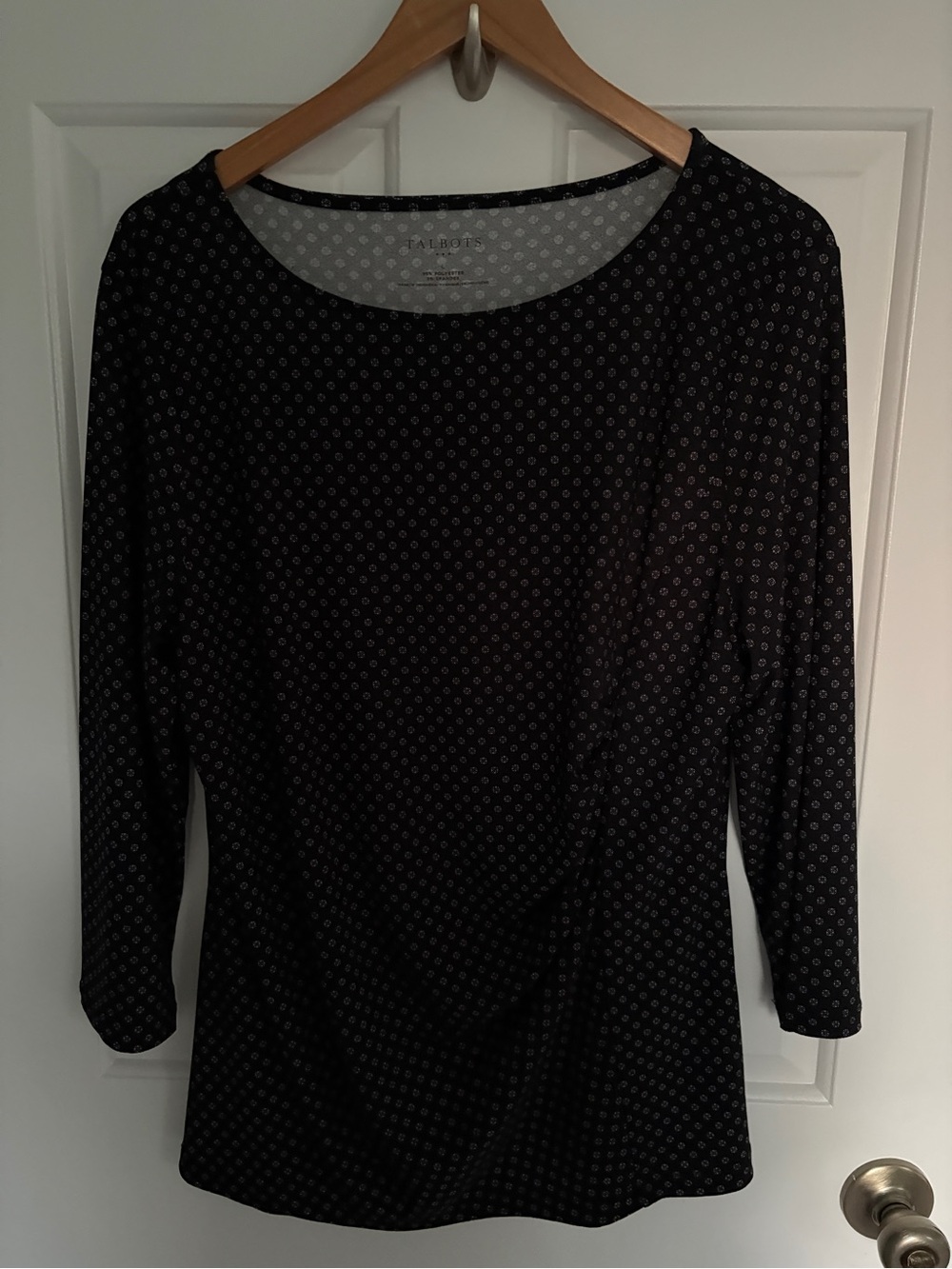 Talbots Black Long 3/4 Sleeve Scoop Neck Large Top with White Geometric Print